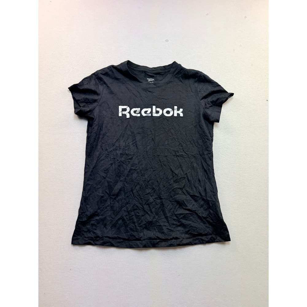 Reebok Graphic Tee Women Size Small Black Excellent Silver Logo Short Sleeve